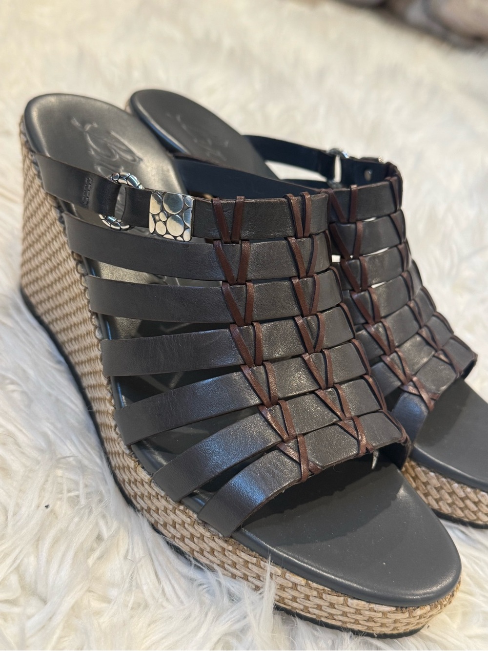 Brighton Leather Woven Platform Wedge Slide Sandals Brown Black Size 7